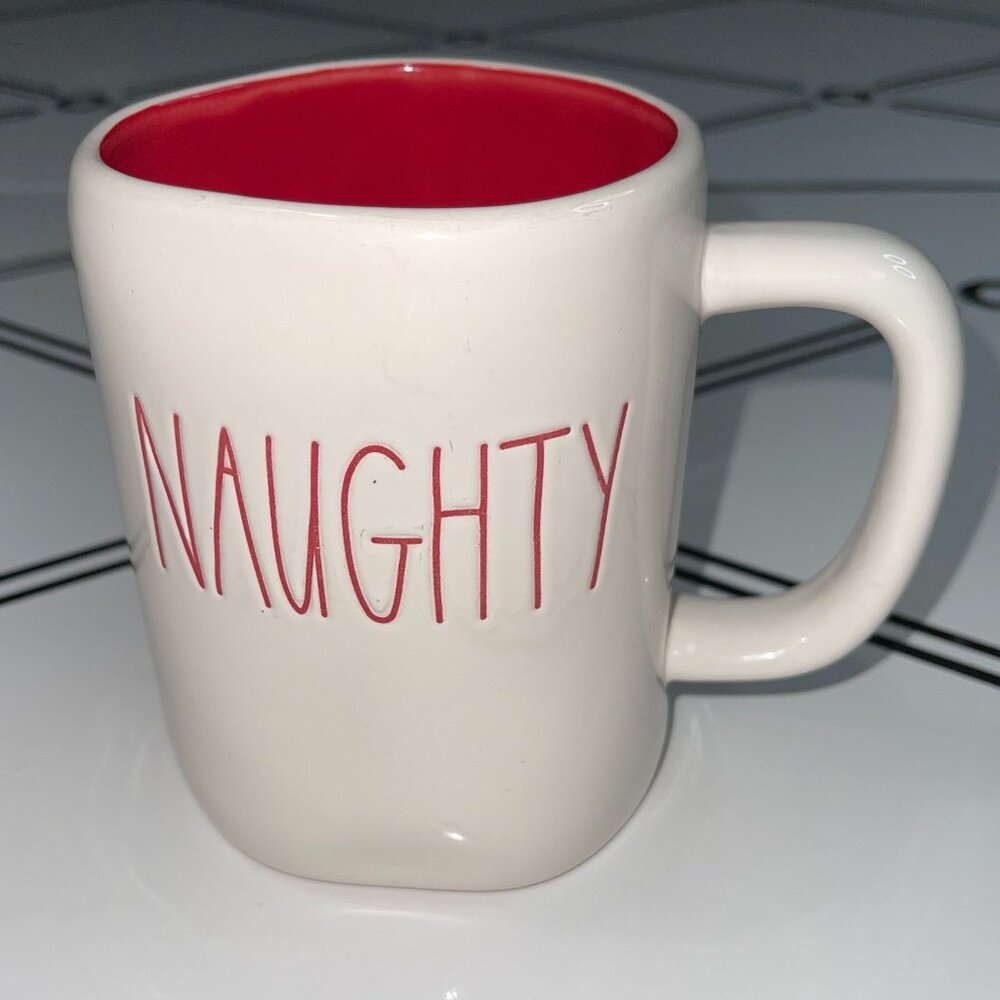 Rae Dunn for Magenta Christmas NAUGHTY NICE LL Mug White w/ Red Lining & Writing